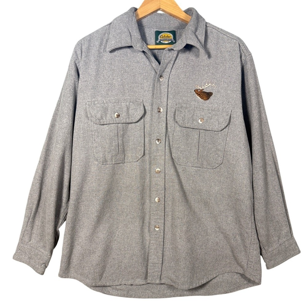 Cabela's 4045 Chamois Shirt Mens XL Gray Cotton Elk Embroidered Heavy Flannel
